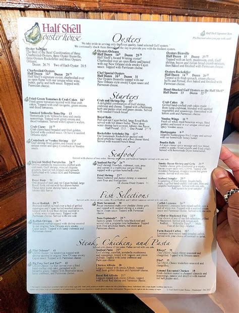 Menu at Half Shell Oyster House restaurant, Biloxi, 125 Lameuse St