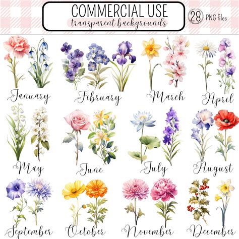 Birth Month Flowers Clipart, Birth Flower Bouquet for Personalized ...