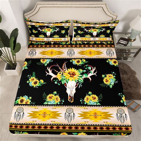 YST Western Bed Sheets Full,Sunflower Bull Skull Sheets Boho Floral ...
