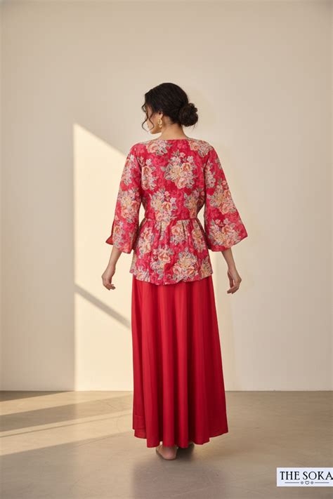 Red Floral Printed Peplum Jacket with Crop Top and Flared Palazzo Set ...