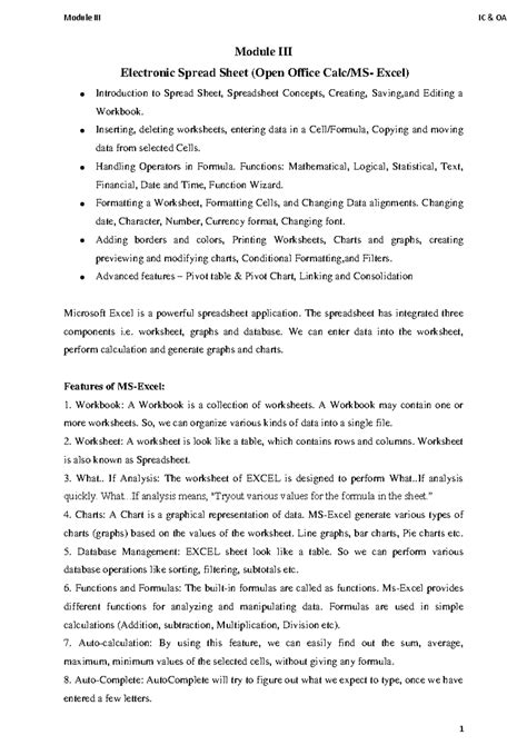 Module IC OA - Comprehensive Guide to Electronic Spreadsheets in Excel ...