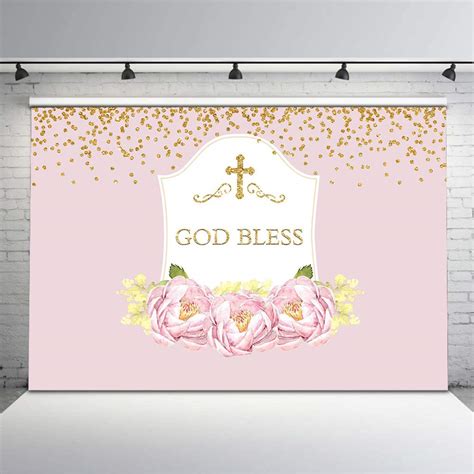 Mocsicka First Communion Backdrop Gold Glitter God Bless Cross Pink ...