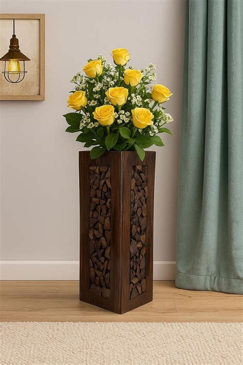 Buy Rustic Wooden Floor Vase with Stone Pattern Design, Dark Brown ...