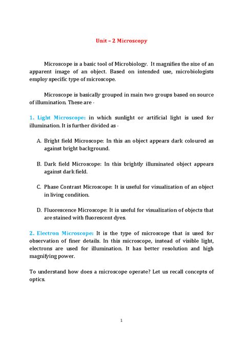 Unit 2: Microscopy - Comprehensive Study Notes on Microscope Types ...