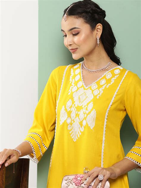 Shop Bhama Couture Mustard Ikat Embroidered Kurta With Mustard Solid ...