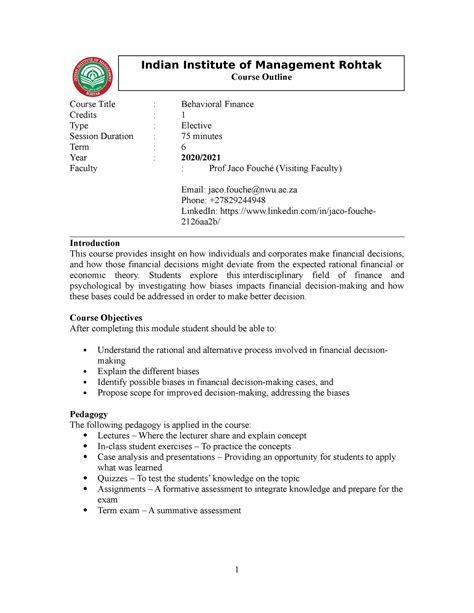 1 Behavioral Finance Course Outline - Course Title : Behavioral Finance ...