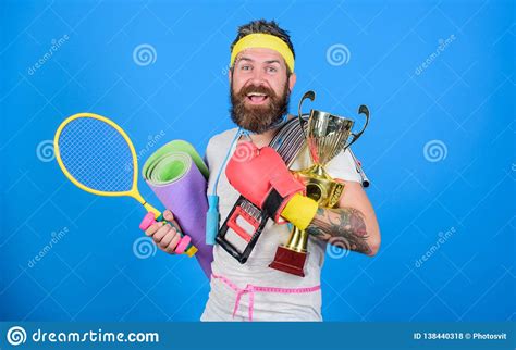 Man Bearded Athlete Hold Sport Equipment Jump Rope Fitness Mat Boxing ...