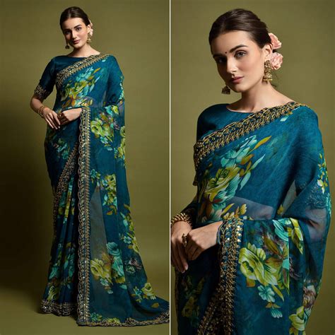 Teal Floral Printed Georgette Saree With Embroidered Border