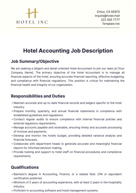 Free Hotel Accounting Job Description Template to Edit Online