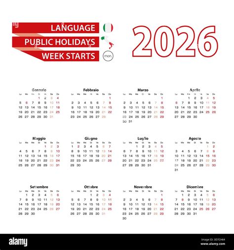 Calendar 2026 in Italian language with public holidays the country of ...