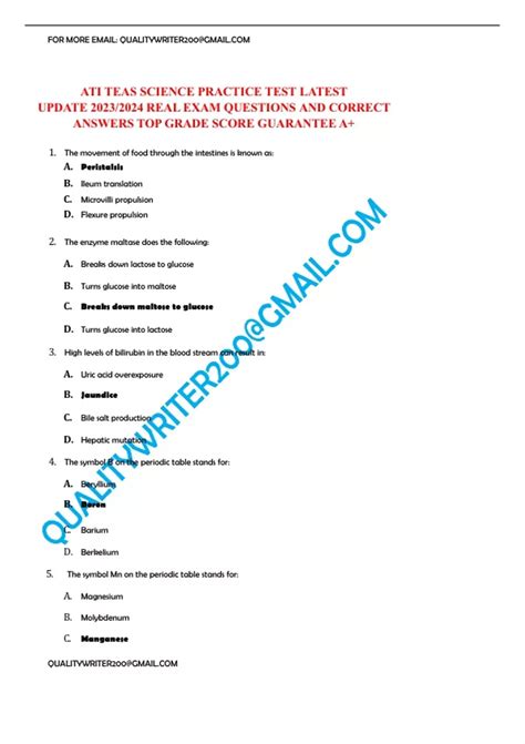 ATI TEAS SCIENCE PRACTICE TEST LATEST UPDATE REAL EXAM QUESTIONS AND ...