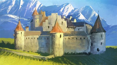 Download wallpaper 1366x768 castle, fortress, field, mountains ...