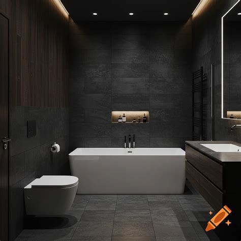 Dark bathroom with tile, wood, and gray walls on Craiyon