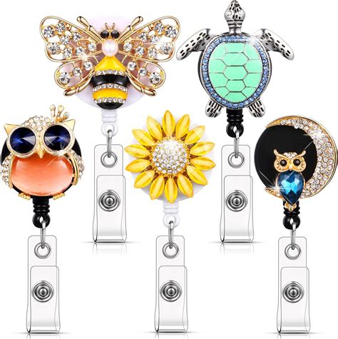 Amazon.com : Outus 5 Pieces Crystal Badge Reels Retractable Rhinestone ...