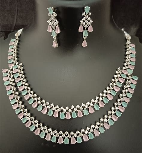 Women's Pink Green Cz Stones Layered Jewellery Set – Trendia