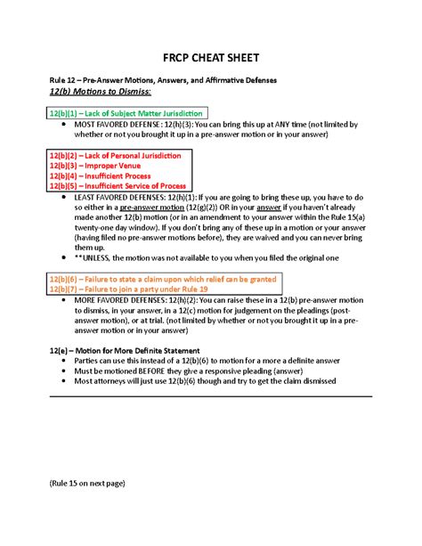 FRCP Cheat Sheet 2020 - FRCP CHEAT SHEET Rule 12 – Pre-Answer Moions ...