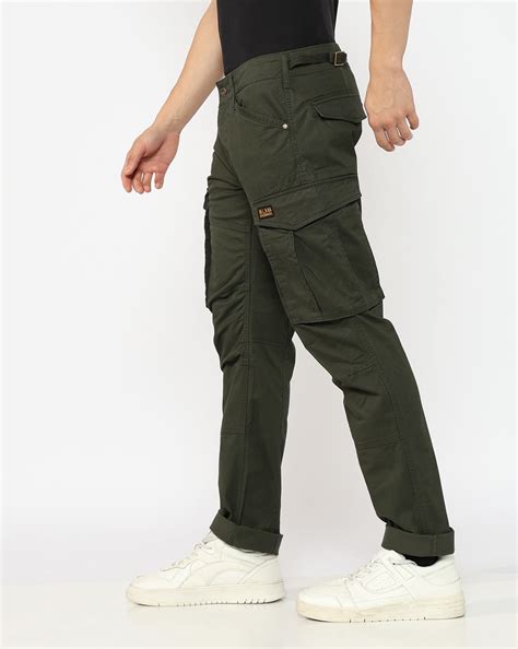 Slim Straight Fit Mid Rise Green Cargo Trousers