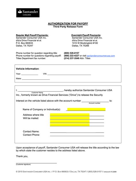 Authorization for Payoff Third Party Release Form - Blank Fillable ...