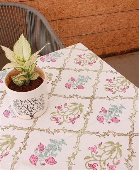 Buy Hand Blocked Tulip & Marigold Pink Table Cover At Best Prices