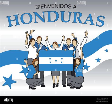 Welcome to Honduras in Spanish language- Group of people dressed in the colors of the Honduras ...
