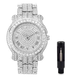 Techno Pave Men's Iced Diamond 45mm Metal Band Watch, SILVER, mens ...