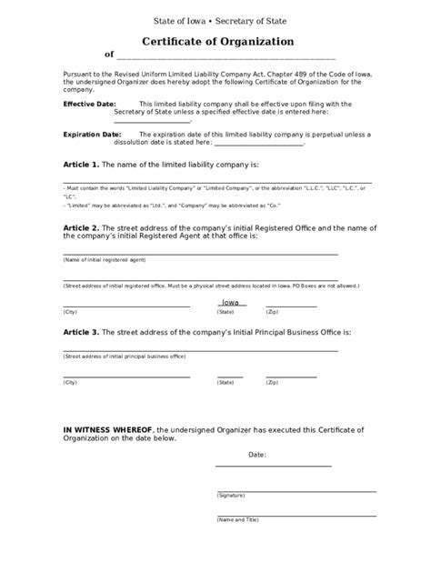 Iowa LLC Certificate of Organization - LLC University Doc Template ...