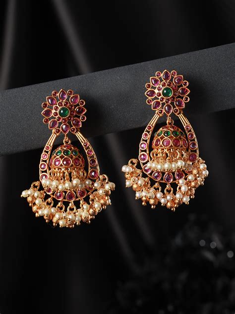 Floral Kemp Stone Studded Pearl Gold-Plated Jhumka Earrings – Priyaasi