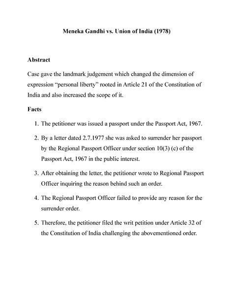 Case Research Meneka Gandhi 1978 - Meneka Gandhi vs. Union of India ...