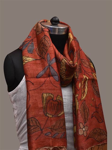 Red Kalamkari Hand Painted Tussar Handloom Stole with Floral Design ds ...