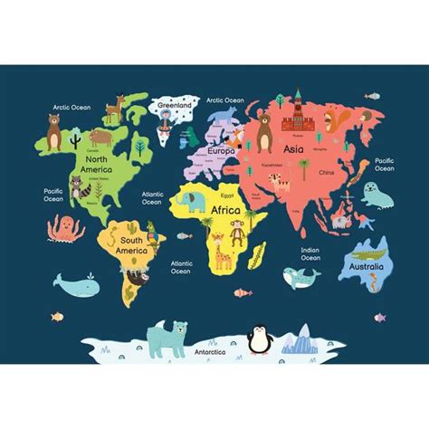 Colorful World Map with Animals for Kids Room Wallpaper Sparkla N Shine ...