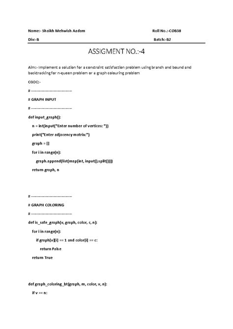 CSP Assignment: Graph Coloring Using Backtracking & Branch Bound - Studocu