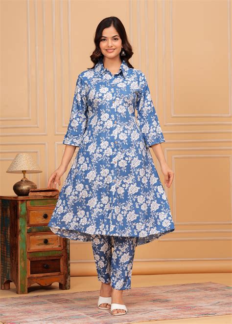 Blue White Floral Printed Rayon CO-Ord Set – Style Jaipur