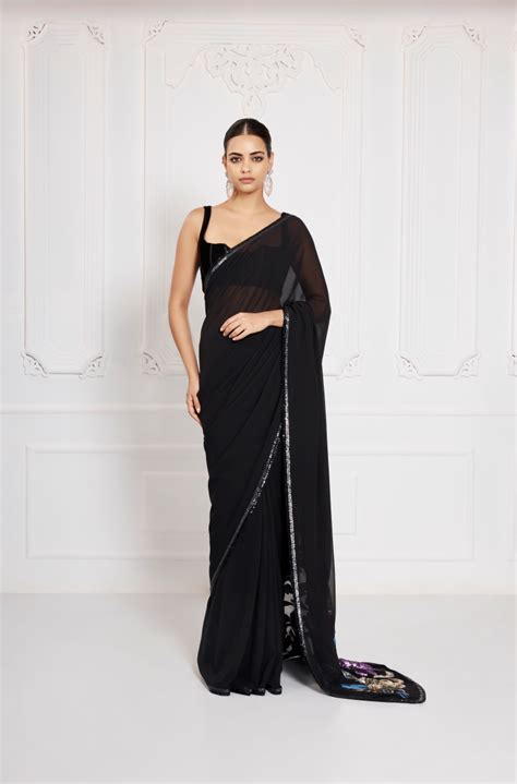 Black Georgette Sequin Embroidery Saree Set – Manish Malhotra