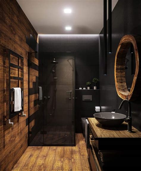Modern Bathroom Design with Wooden Floors and Black Walls