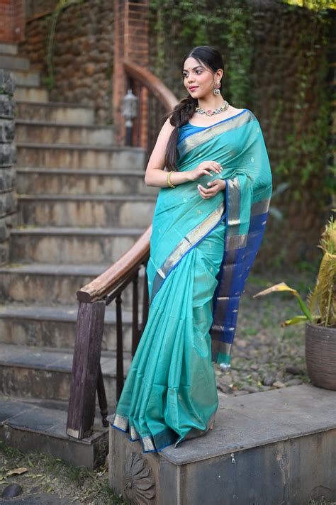 Tarang ~ Handloom Cotton Silk Checks Sleek Designer Border in Sea Blue ...