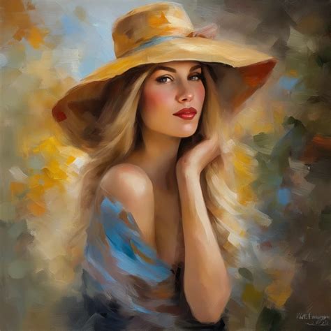 A painting of a woman wearing a hat and a blue dress - SeaArt AI