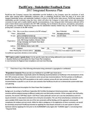 Fillable Online PacifiCorp - Stakeholder Feedback Form 2017 Integrated ...