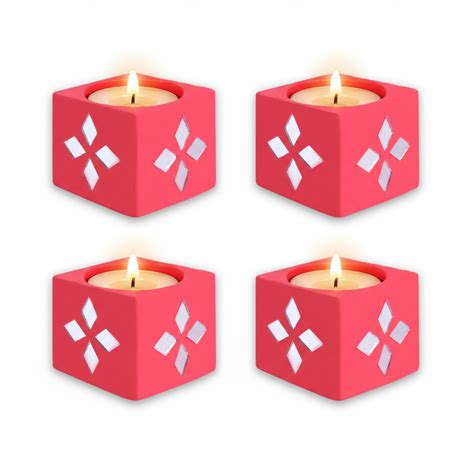 Mirror Art Tealight Holder Red 1.5inch - 4Pc - (Tealight Candle Includ ...
