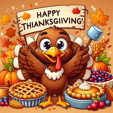 A cartoon of a turkey with a banner that says happy thanksgiving ...