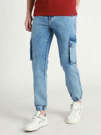 Men's Regular Fit W/B Washed Light Blue Stretchable Cargo Joggers ...