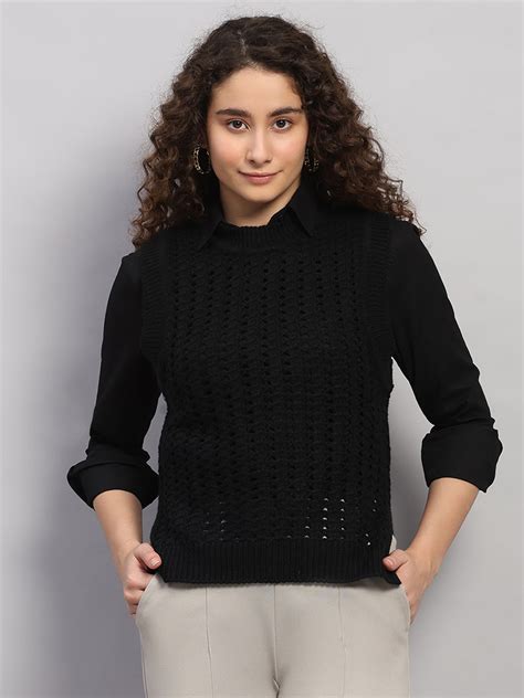 Buy Women Black Jaquard Round Neck Sleeveless Winter Top Online in ...