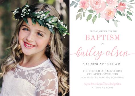 LDS Floral Baptism Invitation Girl: Pink Photo Template (PSD)