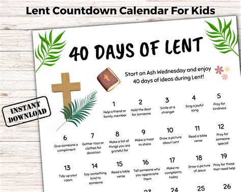 40 Days Lent Countdown Calendar, 40 Days of Prayer Lent, Kids Lenten ...