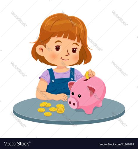 Cute little girl putting coins into a piggy bank Vector Image