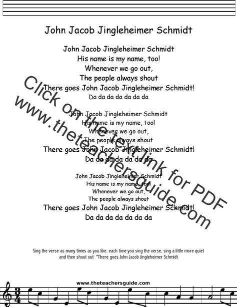 John Jacob Jingleheimer Schmidt Lyrics, Printout, MIDI, and Video