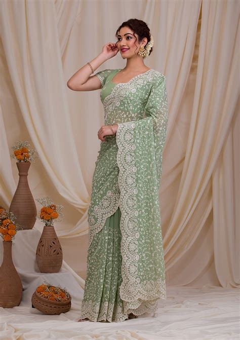Buy Pista Green Threadwork Chiffon Saree - Koskii