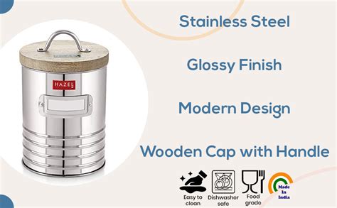 Buy HAZEL Stainless Steel Storage Jar Container With Wood Lid, Set of 2 ...