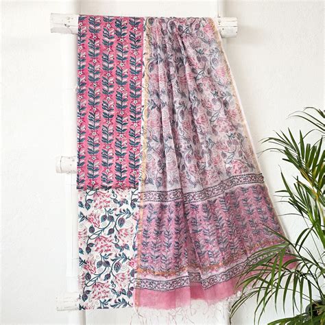 ROZANA - Pure Cotton Jaipuri Pink With White Flower Jaal Suit – Sanskruti