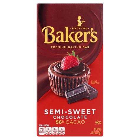 Baker's 4 oz Semi-Sweet Chocolate Premium Baking Bar with 56% Cacao ...