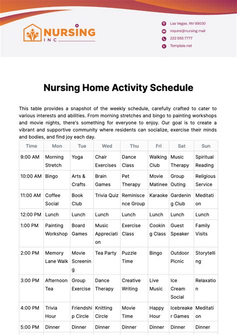 Nursing Home Activities Calendar